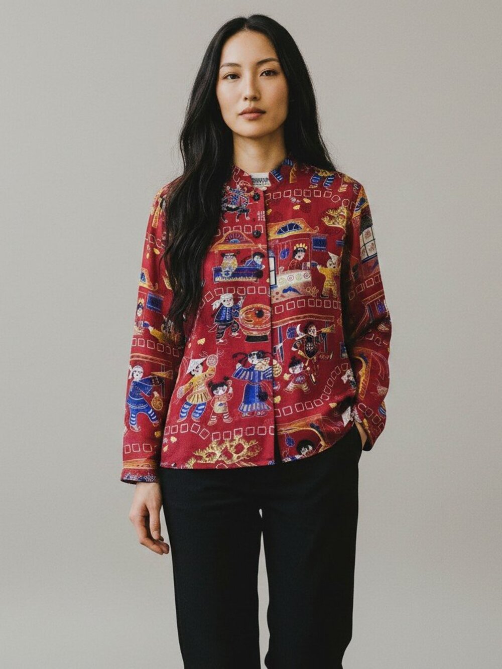 Chico’s Red Silk Novelty Print Blouse Sz 2 Button Up Art Top
